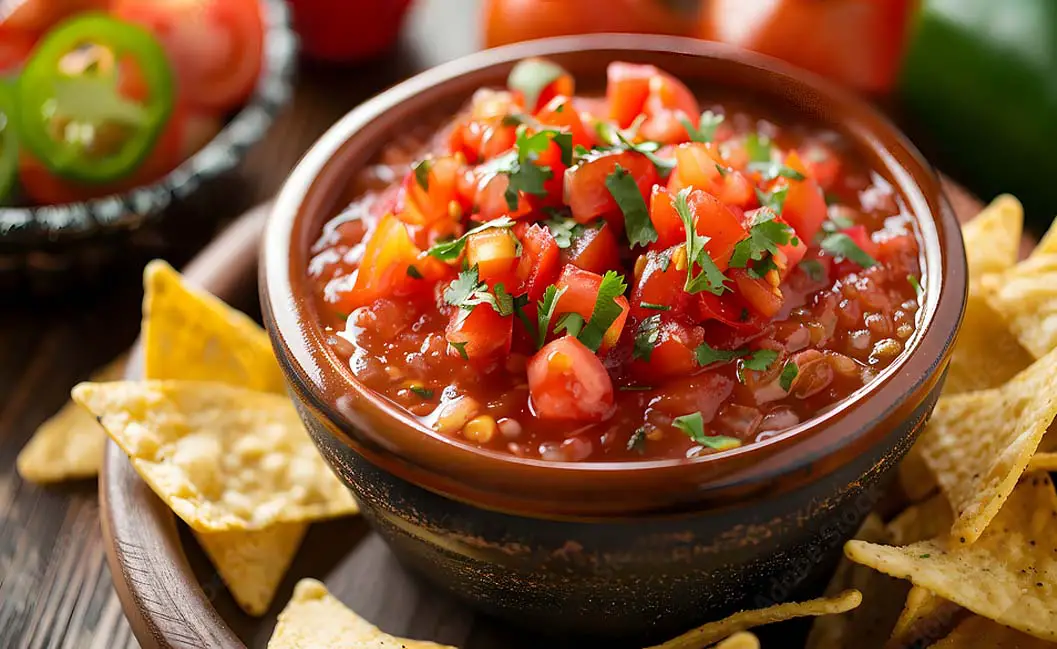 Bowl of fresh homemade salsa with stoneground chips on a rustic board. 