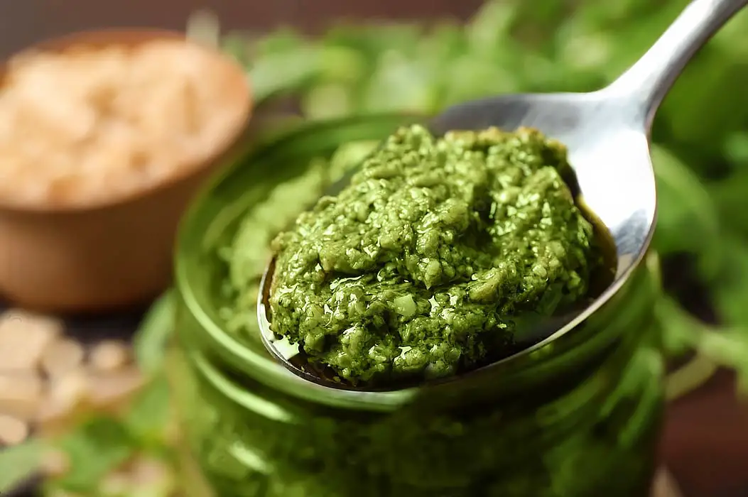 Spoonful of succulent basil pesto.  