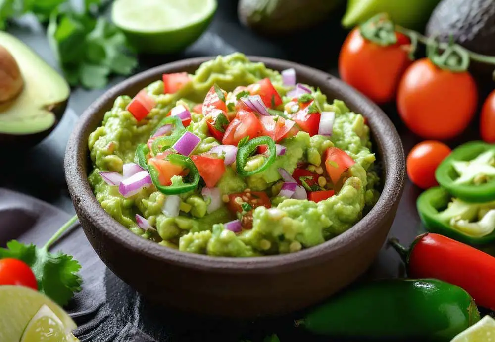 A festive bowl of creamy guacamole surrounded by tomatoes, peppers, avocados, jalapenos, and limes. 