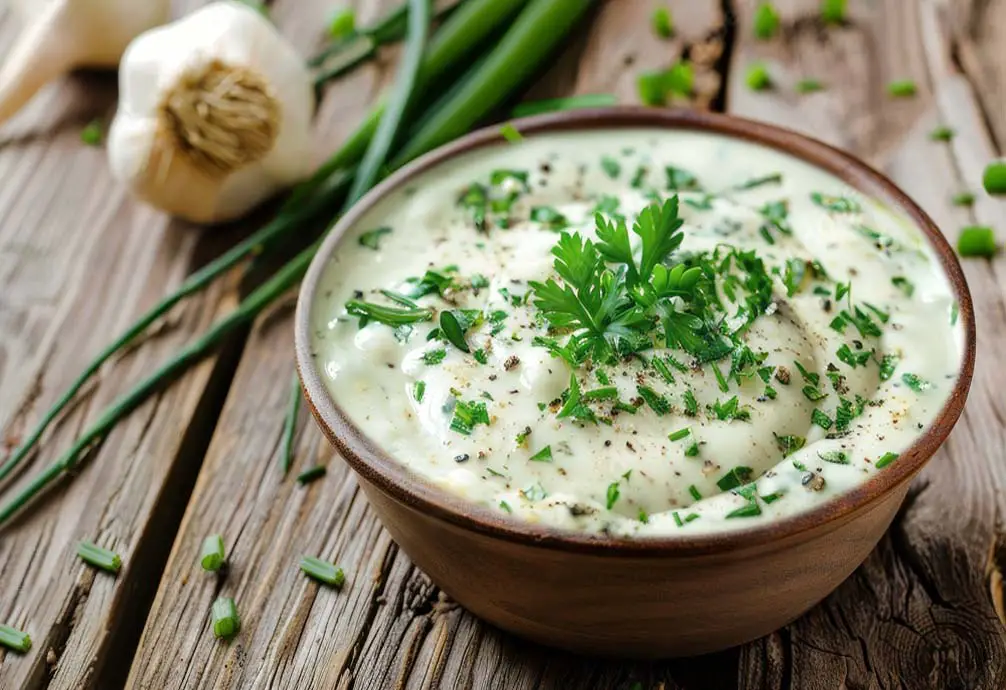 A bowl of creamy rich vegan Ranch dressing and dip with green onions and garlic on a rustic board. 