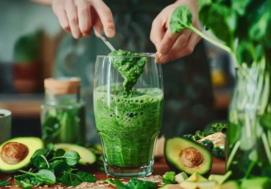 A person spooning green superfoods into a thick chlorophyll smoothie by spinach leaves, avocados, and wheat seeds. 