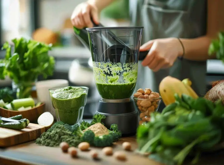 A girl making a green chlorophyll smoothie on a counter packed with healthy veggies and nuts. 