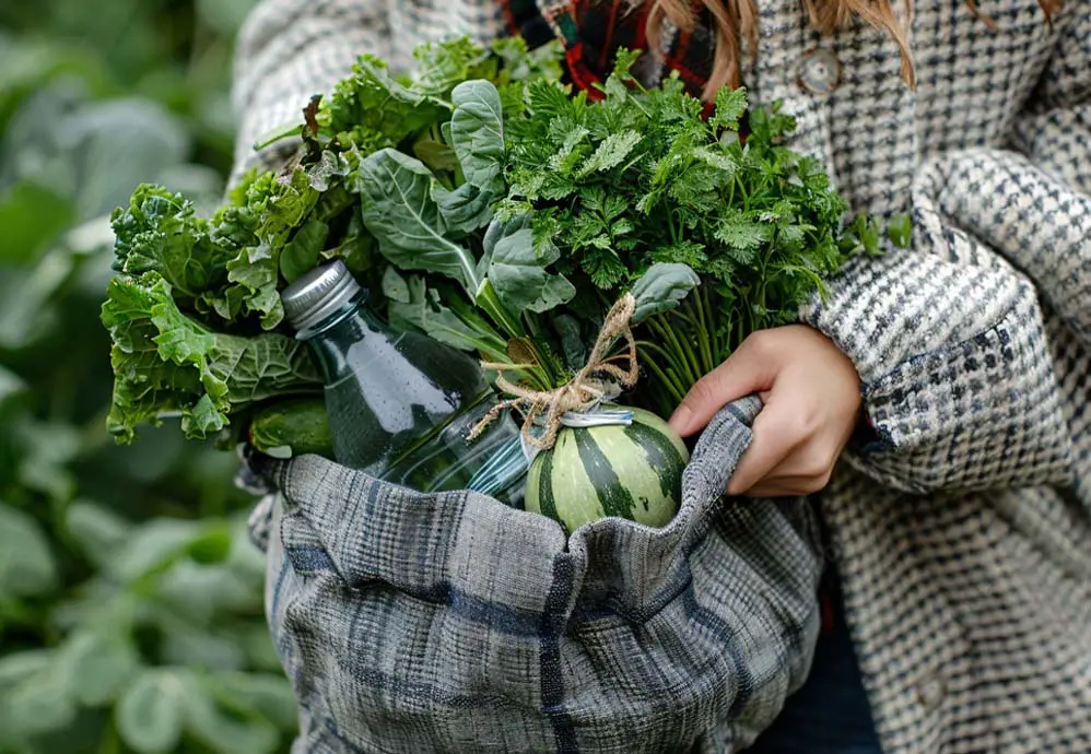 A girl holding a bag of chlorophyll-rich veggies and a bottle of purified water.  