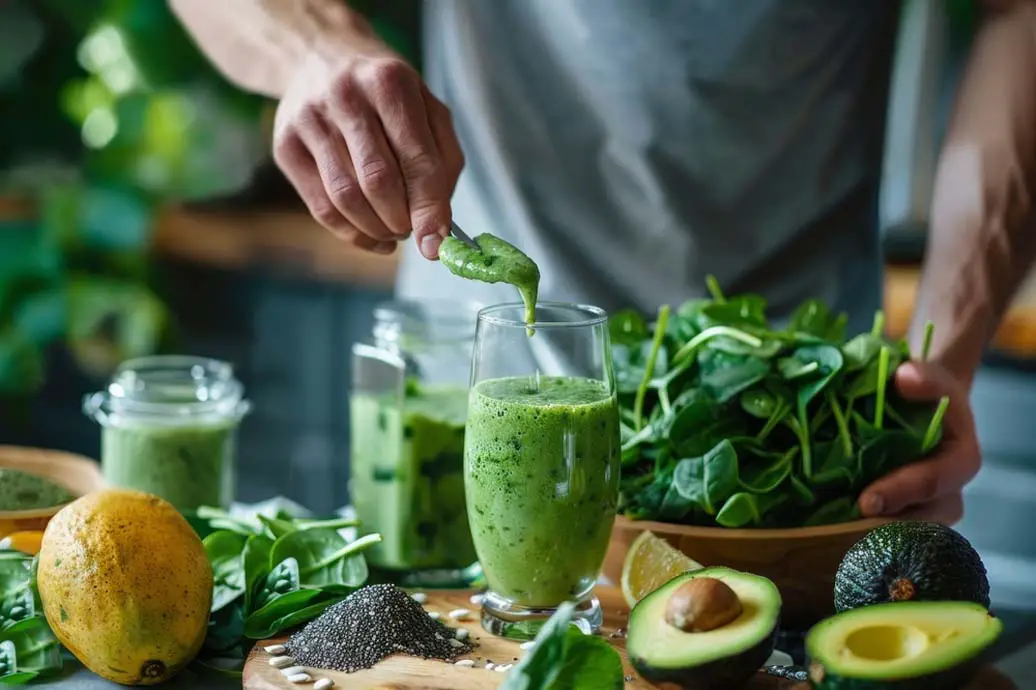 A man making a chlorophyll-rich vegan green smoothie with spinach, avocado, lemon, and chia seeds. 