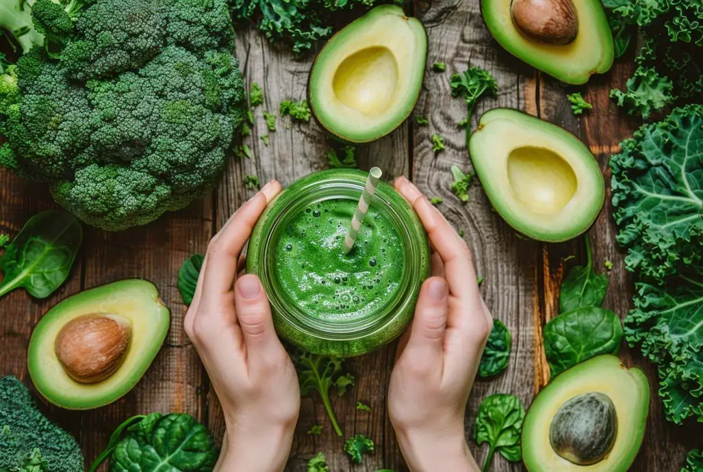 Top view of hands holding a mug of rich green smoothie on a rustic board beside broccoli, spinach, kale, and sliced avocados.  