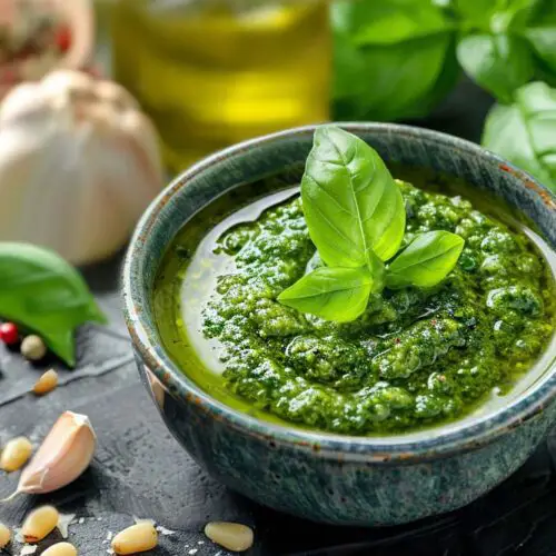 A delicious bowl of homemade vegan pesto surrounded by garlic, basil leaves, olive oil, and fresh herbs.