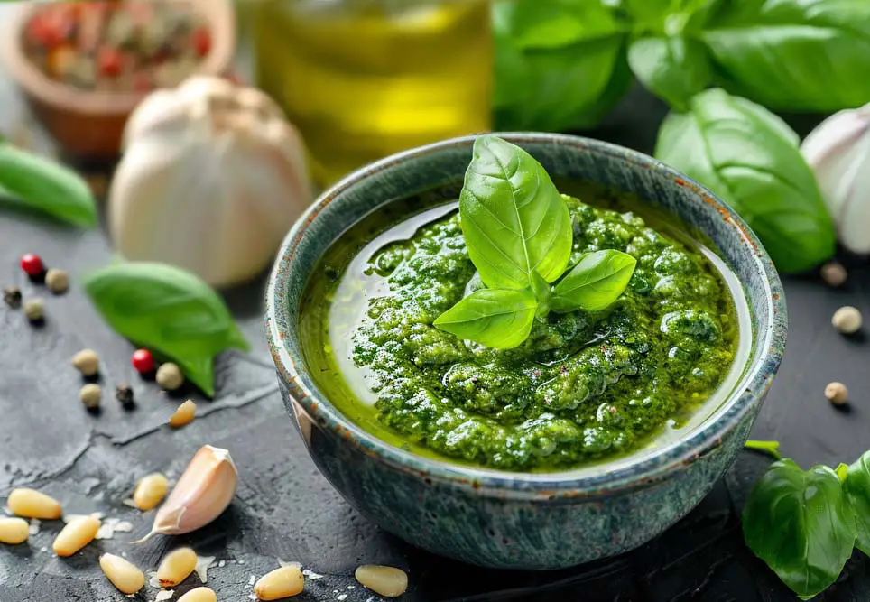 Fresh bowl of delicious vegan pesto by raw organic garlic cloves, basil, olive oil, and spice.