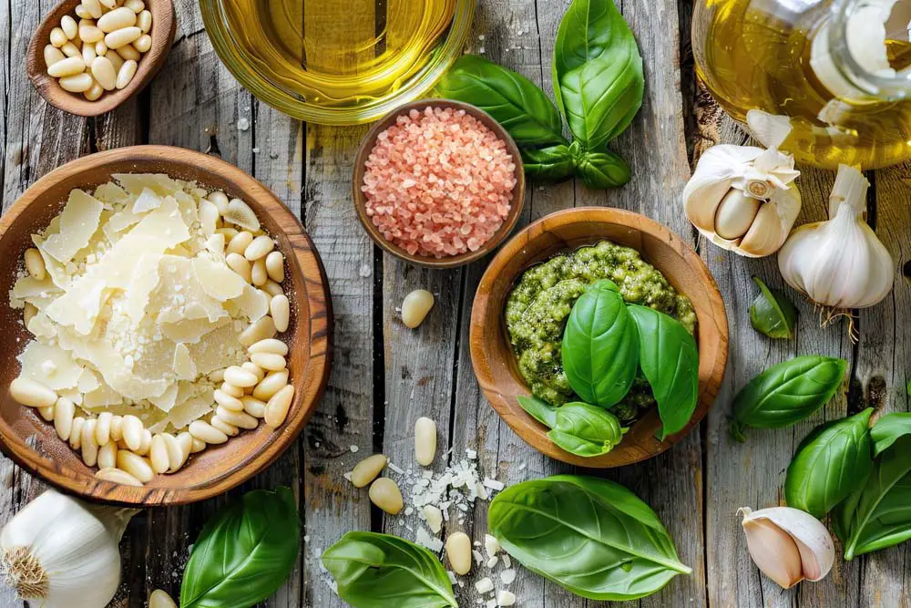 An assortment of vegan pesto ingredients on a board—basil, pine nuts, garlic, olive oil, Himalayan pink salt.  