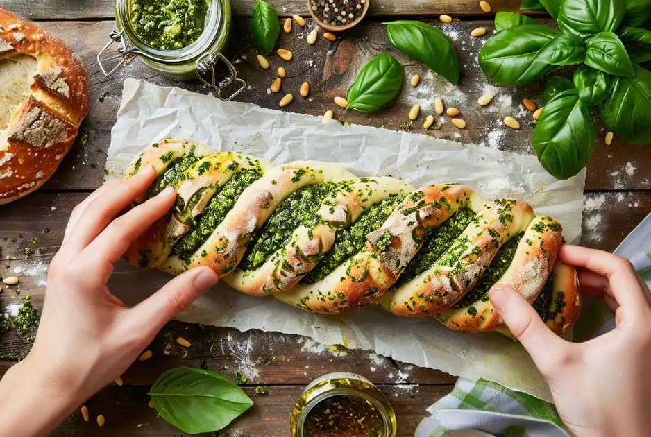 Top view of hands prepping a long bread roll of organic basil pesto on a rustic board.