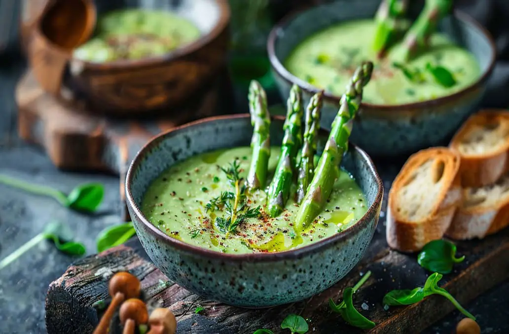 Rich bowls of creamy asparagus soup with organic sourdough bread slices.  