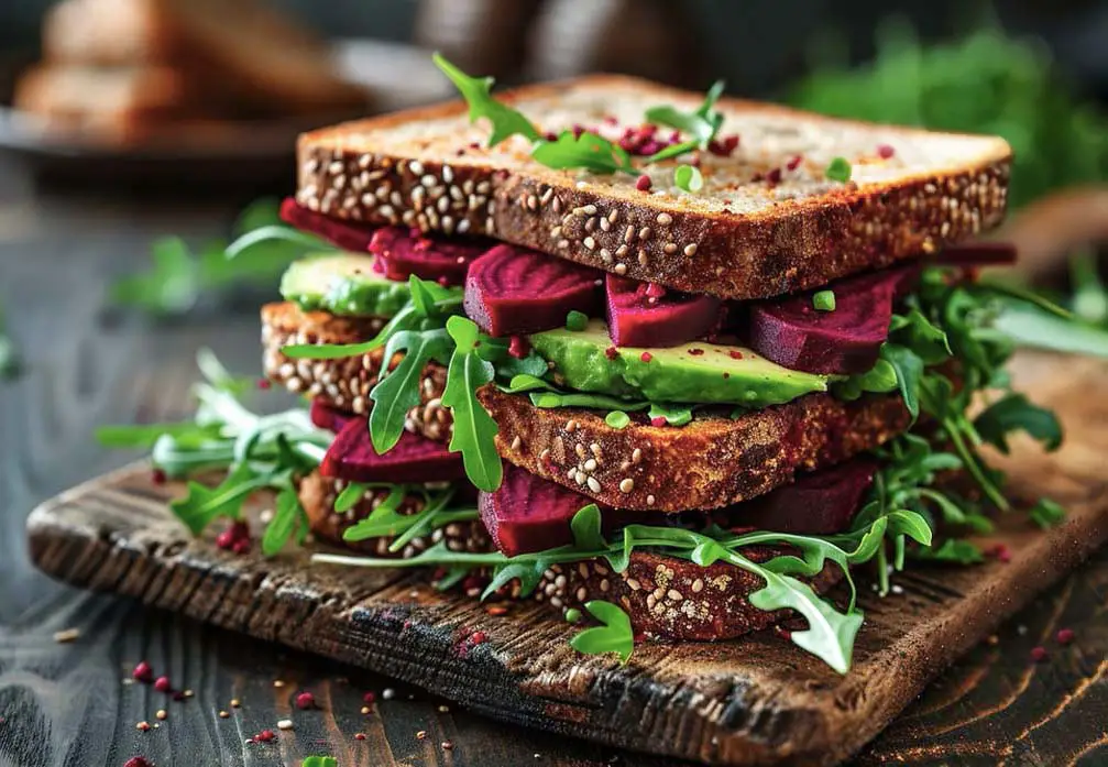 Close shot of a triple stacked beetroot avocado sandwich with fresh arugula and herbs.  