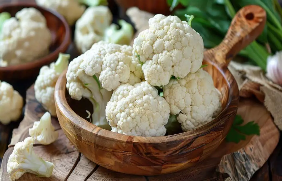 Macros shot of giant heads of fresh organic cauliflower in a teak wood bowl by loose cauliflower florets, garlic, and leafy greens.