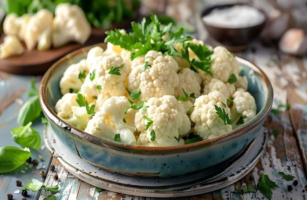 Close-up of raw organic cauliflower florets and fresh herbs in a ceramic bowl on a rustic board.