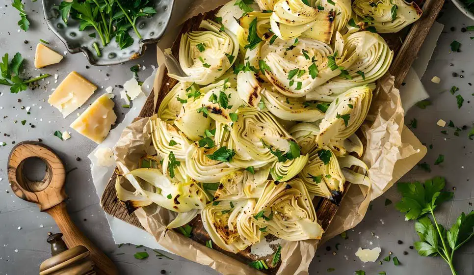 Macro top view of succulent high-fiber artichoke hearts on a tray with vegan cheese, organic parsley, and fresh herbs. 