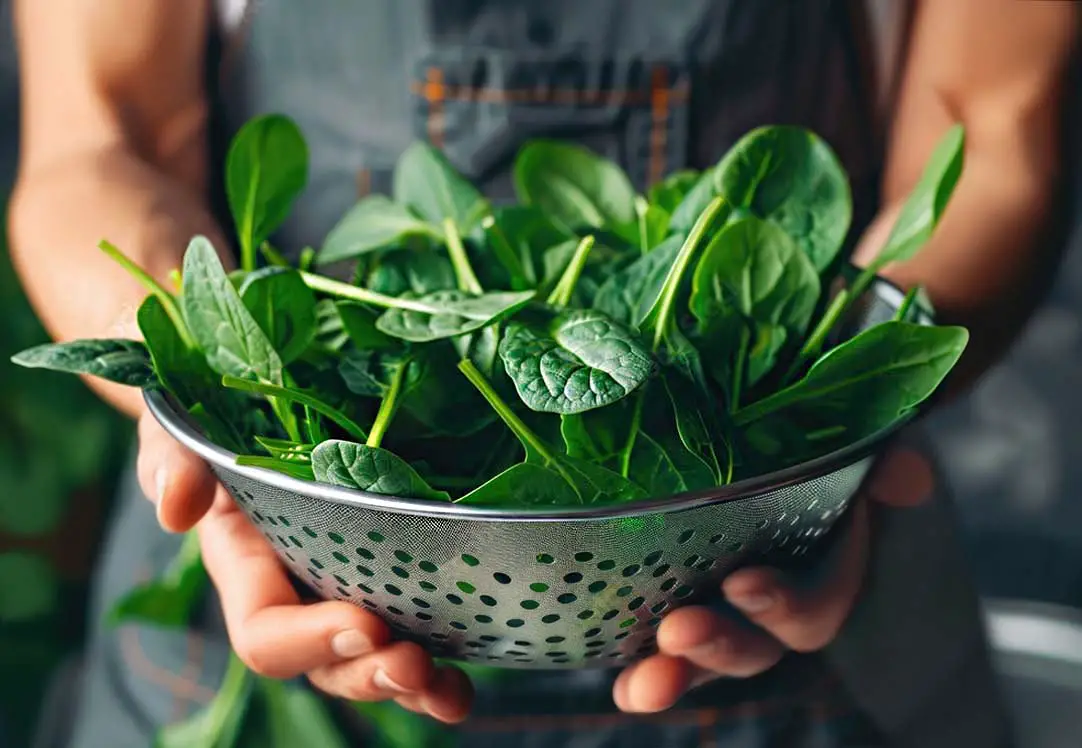 A man holding a stainless steel colander stacked with abundant fresh spinach leaves. 