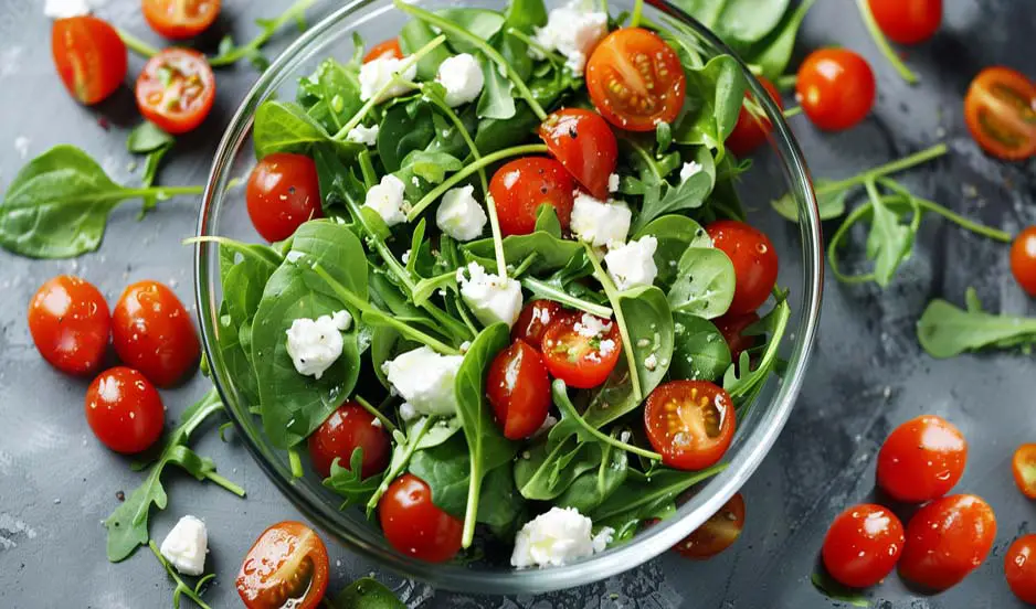 Top view of a high-fiber spinach salad with cherry tomatoes and organic vegan feta cheese. 