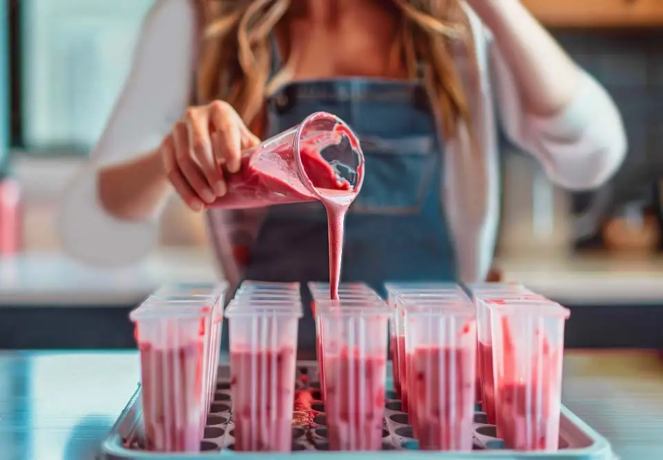 A woman pours a rich berry smoothie from a cup into rows of popsicle molds for a fruit popsicle recipe. 