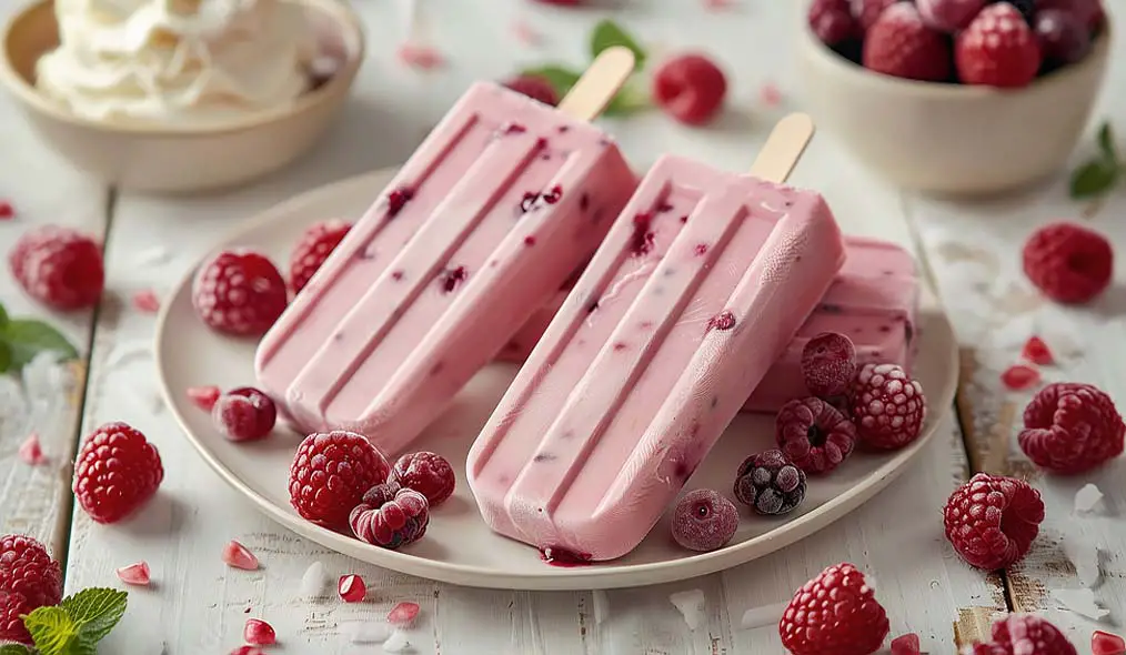 Close-up of delicious raspberry cream popsicles on a plate surrounded by whole organic raspberries.