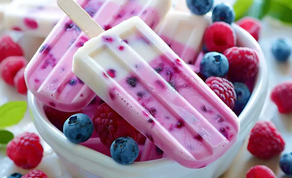 Macro of rich vegan berry popsicles in a bowl with fresh organic blueberries and raspberries.