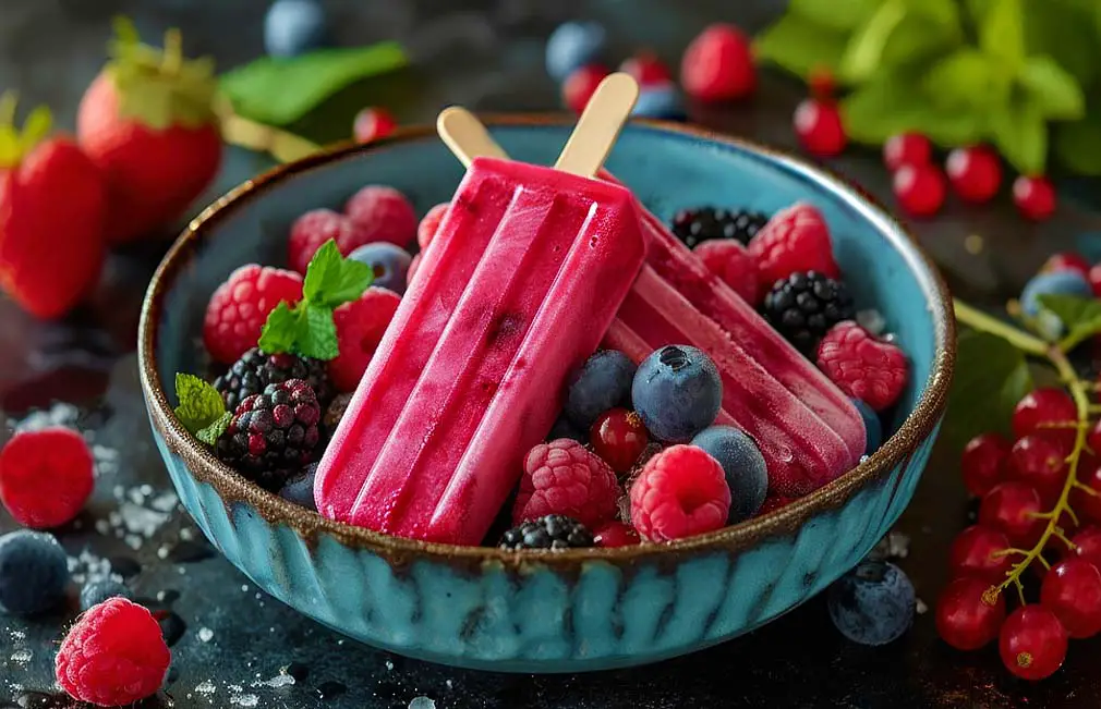 Bowl of tasty vegan fruit popsicles in a bowl with blueberries, blackberries, raspberries, and strawberries.  