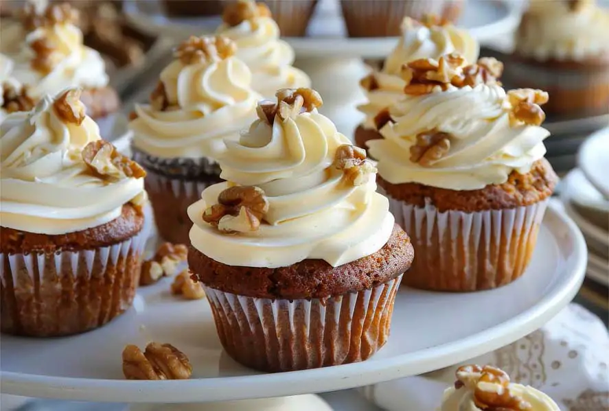 Rich vegan carrot muffins on a plate topped with scrumptious cream cheese frosting and mixed nuts.