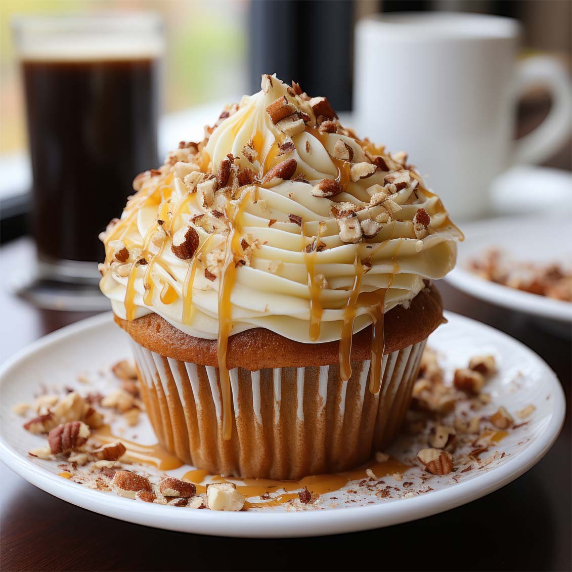 Close-up of a single rich vegan carrot muffin on a plate topped with cream cheese frosting, maple syrup, and mixed nuts.  