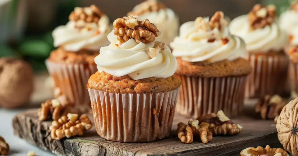 Close shot of scrumptious vegan carrot muffins stacked with cream cheese and nuts on a rustic wooden board.