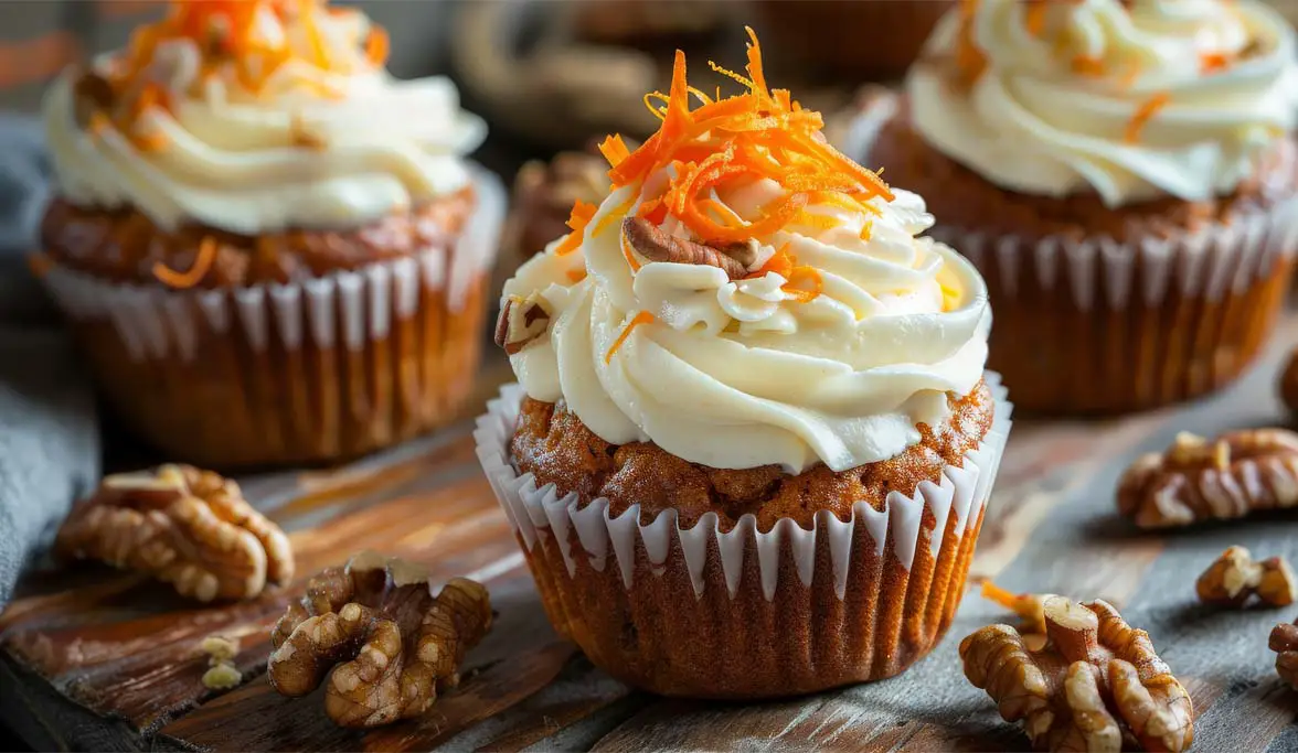 Macro of rich creamy carrot muffins topped with cream cheese frosting, carrot slivers, and organic walnuts.