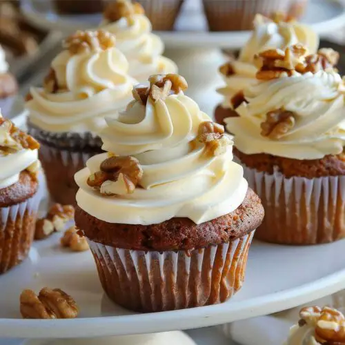 Rich vegan carrot muffins on a plate topped with scrumptious cream cheese frosting and mixed nuts.