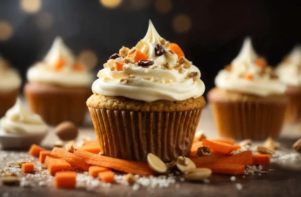 Close-up of a delectable vegan carrot muffin topped with frosting, nuts, and cacao nibs by some fresh carrot slices and raw peanuts. 