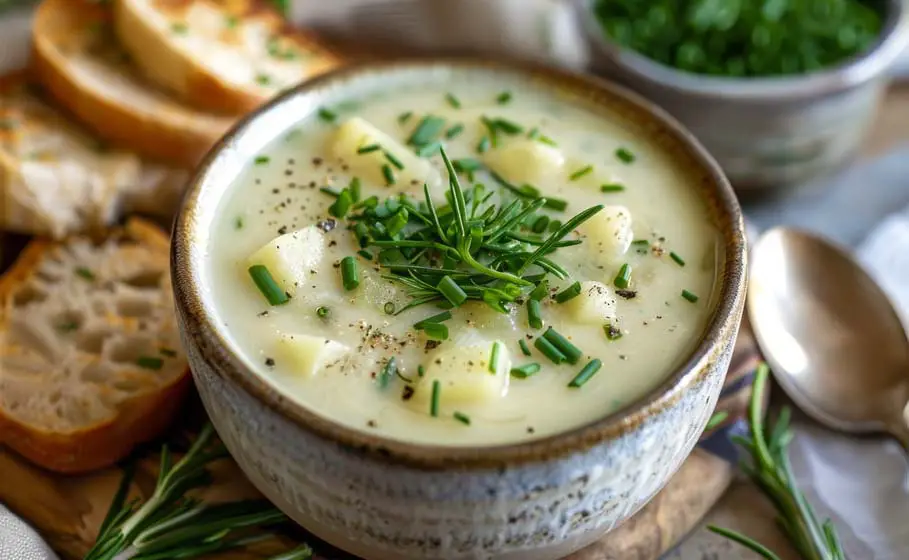 Rich and creamy bowl of chunky vegan potato leek soup with veggies and homemade sourdough bread.