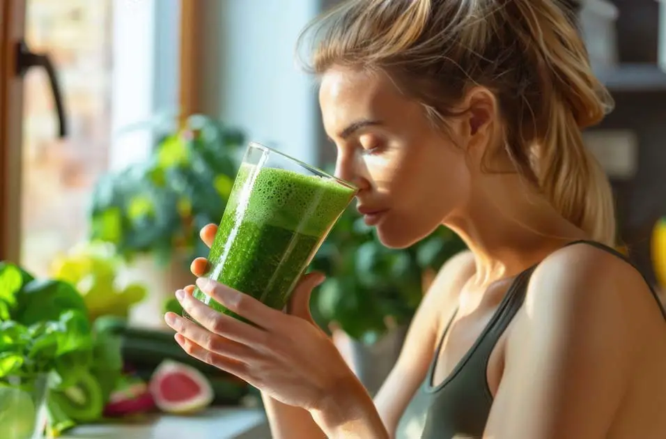 A meditative woman breathing a tall glass of chlorophyll-rich green juice against a backdrop of plants and sunlight.  