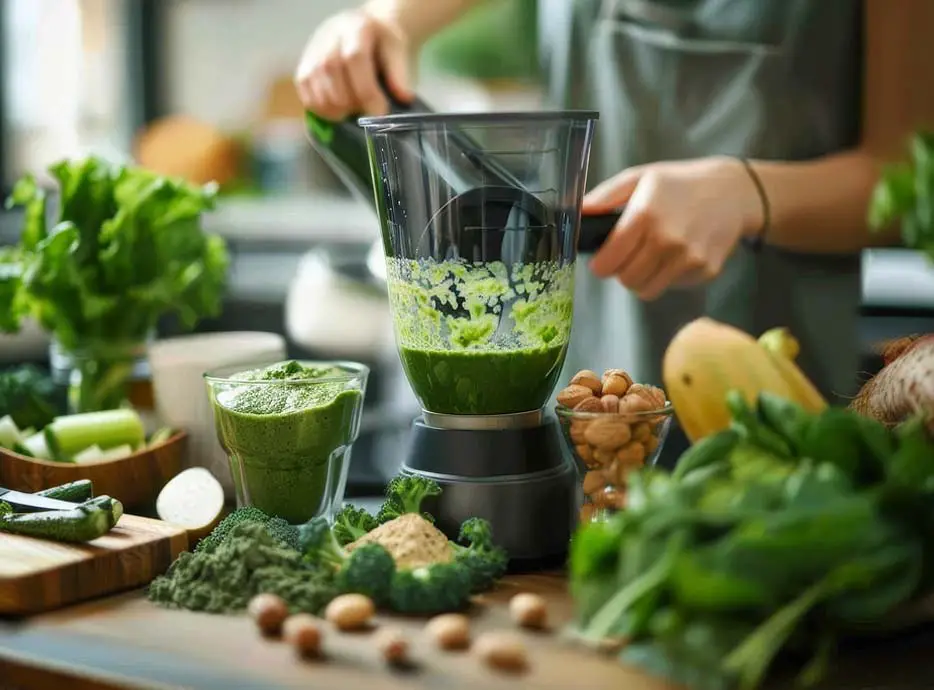 A girl making a rich green smoothie on a countertop packed with healthy veggies, nuts, and nutrient-dense vegan foods. 