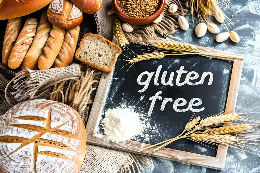 A 'Gluten-Free' sign on a chalkboard by freshly baked rolls and homemade sourdough bread. 