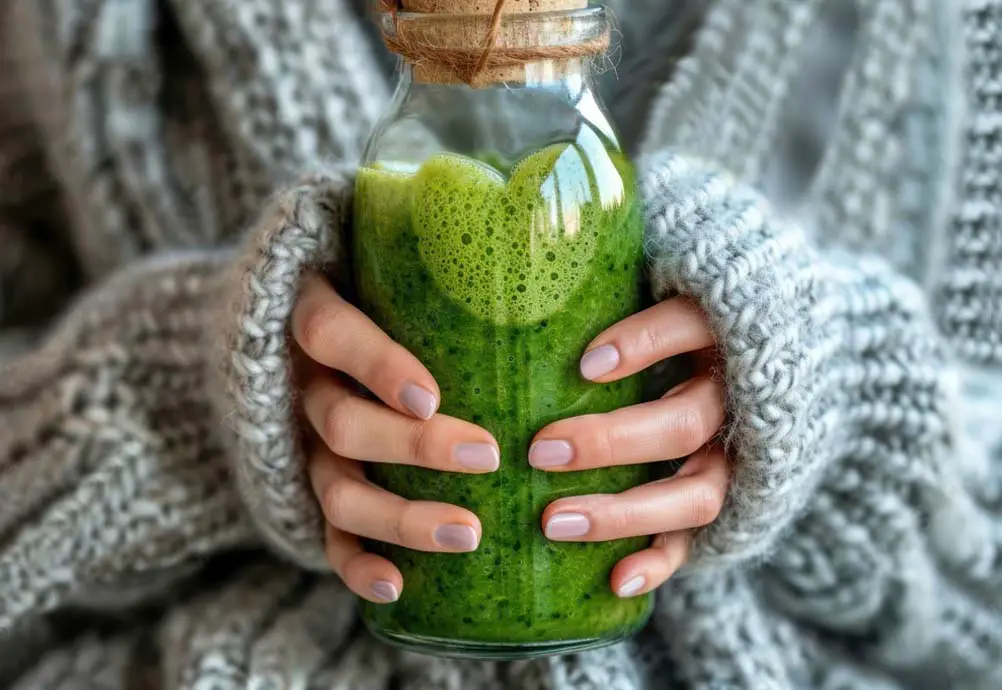 Close-up of a woman's hands holding a chlorophyll-packed mug of green juice.