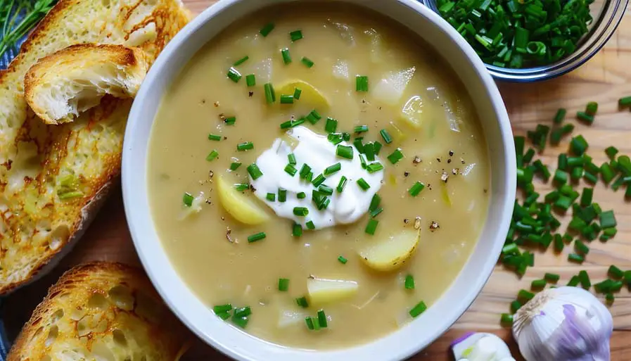 Top view of creamy rich vegan potato leek soup topped with sour cream and chives—served with sourdough bread. 