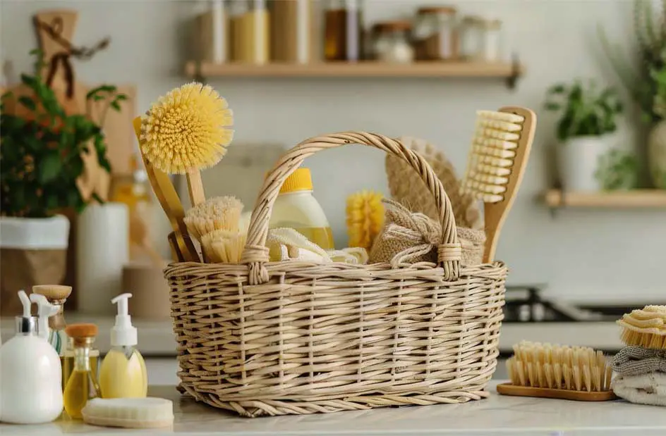 Large wicker basket on a countertop packed with natural cleaning products.