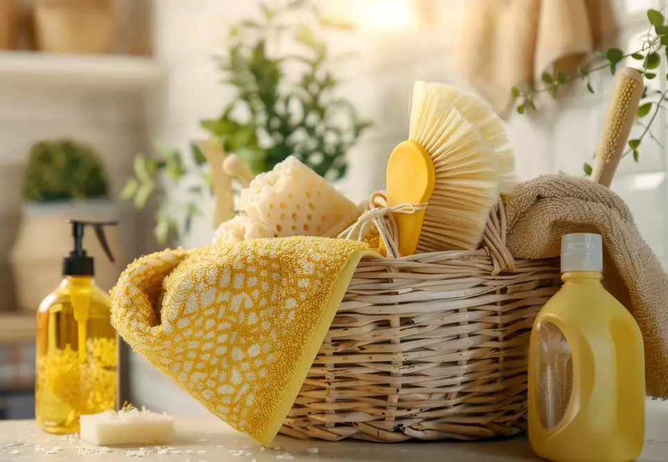 Close-up of a wicker basket packed with natural cleaning products against a bright kitchen background.