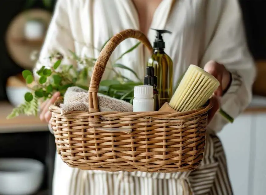 A woman holding a basket of non-toxic cleaning products, fresh herbs, and homemade solutions for a green home.