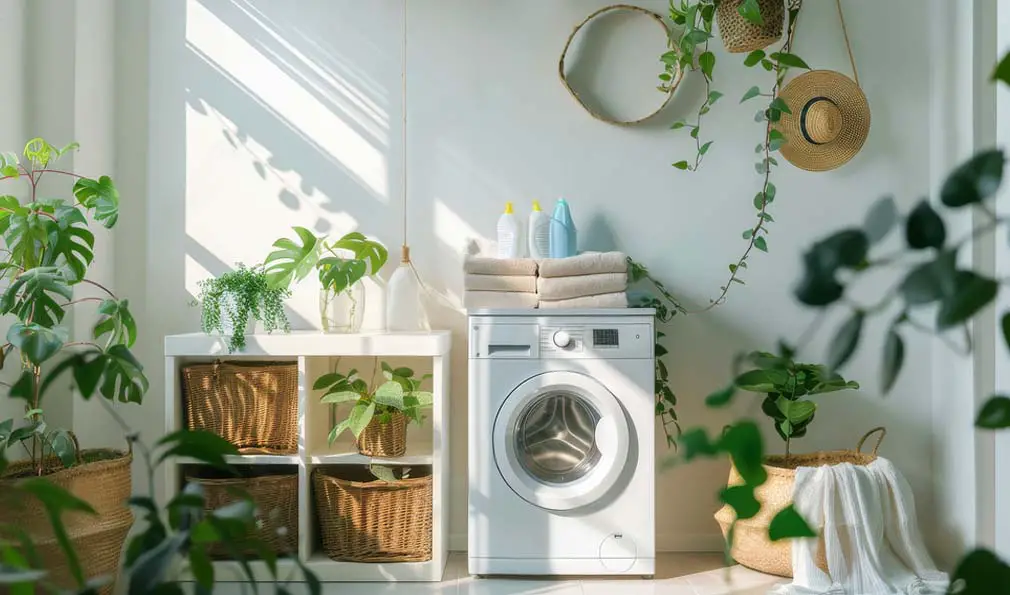 A bright and lovely laundry room with a washer and dryer, non-toxic cleaning products, and tons of plants. 