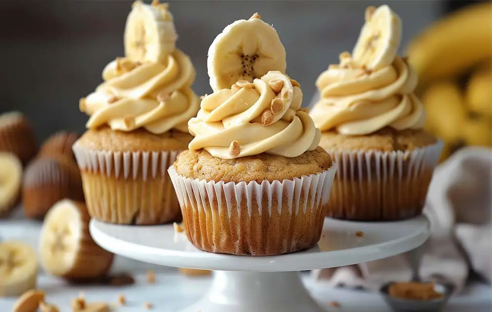 Close shot of creamy rich banana muffins topped with cream cheese frosting, banana slices, and organic walnuts.