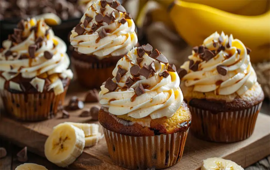 Four rich vegan banana muffins topped with cream cheese frosting and cacao nibs on a wooden board. 