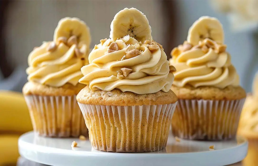 Close shot of creamy rich banana muffins topped with cream cheese frosting, banana slices, and organic walnuts.