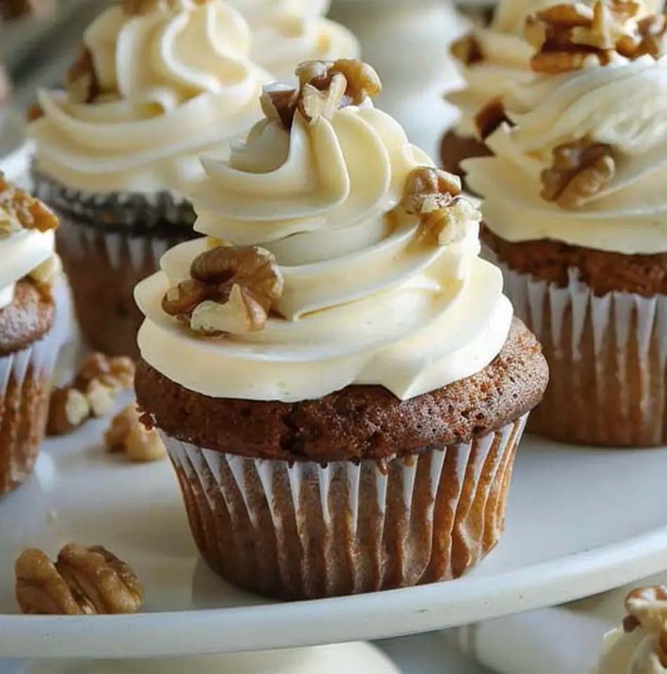 Close shot of a rich vegan banana muffin topped with vanilla frosting and walnuts.  