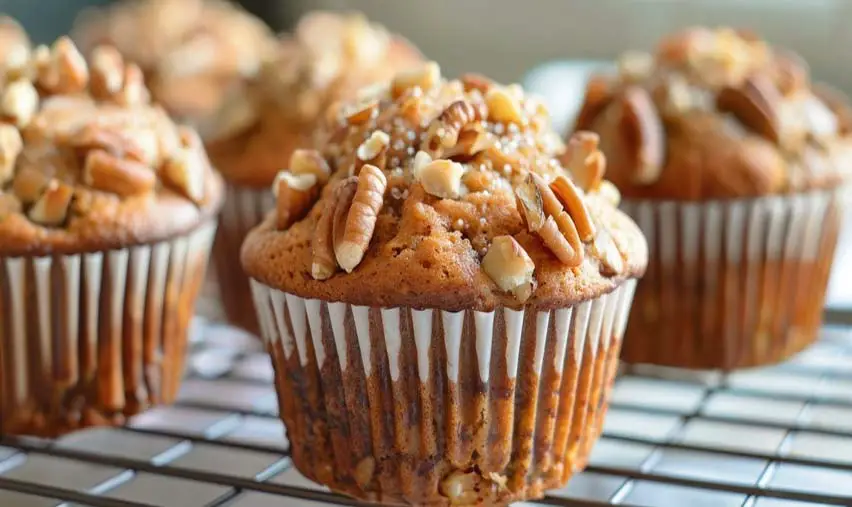 Rows of succulent vegan banana muffins on a rack topped with walnuts and spice.