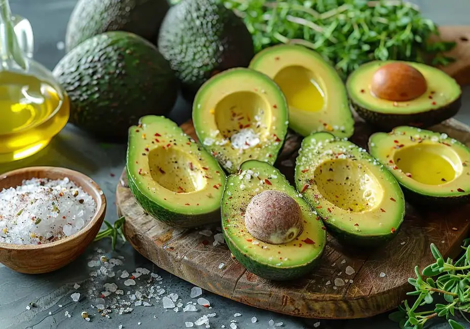 A cutting board packed with succulent sliced avocados and sea salt, olive oil, and organic fresh herbs.  