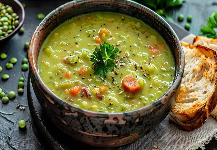 A rich and creamy bowl of vegan split pea soup by crusty sourdough bread and fresh peas.  