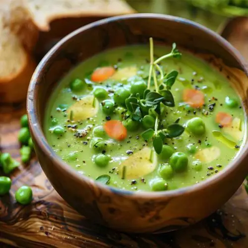 A rich and creamy bowl of vegan split pea soup by fresh peas and homemade sourdough bread.