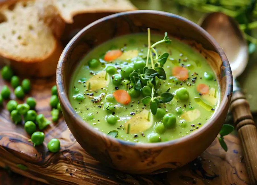 A rich and creamy bowl of vegan split pea soup by fresh peas and homemade sourdough bread.