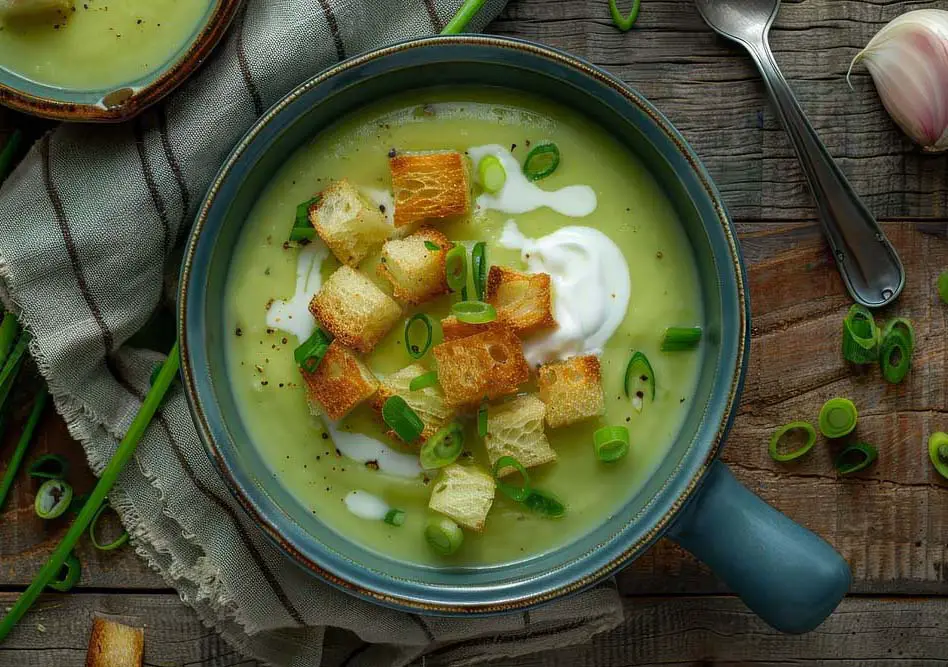 Top view of a creamy bowl of vegan split pea soup topped with croutons, sprouts, peas, and vegan sour cream.   